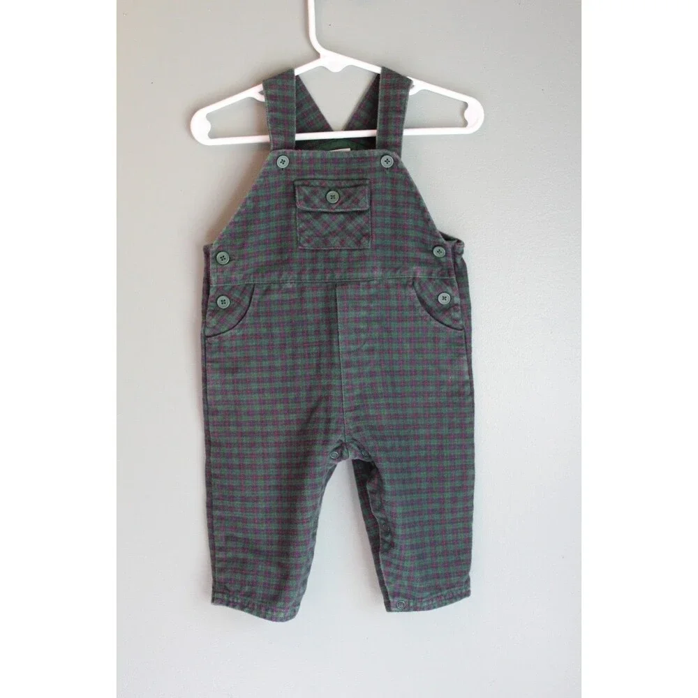 Vintage Starting Out Plaid Green Baby Overalls Size 9M 100% Cotton